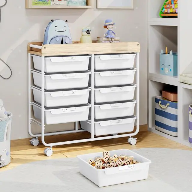 Alt view image 6 of 7 - 10 Drawers Rolling Cart with Wooden Tabletop, Utility Storage Cart with Wheels, Art Supply Craft Organizer on Wheel with Metal Frame & Handles for Home Office School (Pure White)