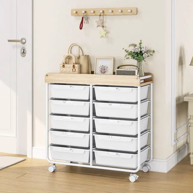 Alt view image 7 of 7 - 10 Drawers Rolling Cart with Wooden Tabletop, Utility Storage Cart with Wheels, Art Supply Craft Organizer on Wheel with Metal Frame & Handles for Home Office School (Pure White)
