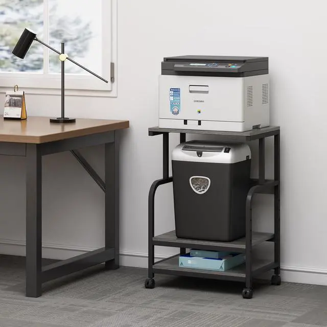 Alt view image 5 of 7 - Printer Stand with Height Adjustable Storage Shelf, 3 Tier Mobile Printer Table with Wheels, Rolling Printer Cart for Home Office Organization, Gray