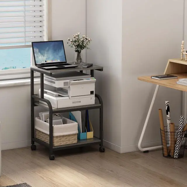 Alt view image 4 of 7 - Printer Stand with Height Adjustable Storage Shelf, 3 Tier Mobile Printer Table with Wheels, Rolling Printer Cart for Home Office Organization, Gray