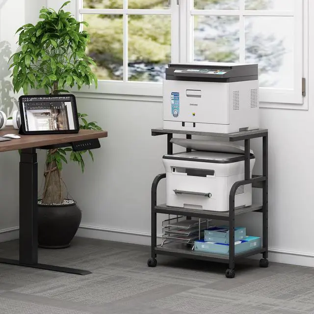 Alt view image 3 of 7 - Printer Stand with Height Adjustable Storage Shelf, 3 Tier Mobile Printer Table with Wheels, Rolling Printer Cart for Home Office Organization, Gray