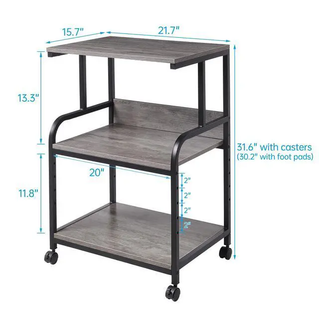 Alt view image 2 of 7 - Printer Stand with Height Adjustable Storage Shelf, 3 Tier Mobile Printer Table with Wheels, Rolling Printer Cart for Home Office Organization, Gray