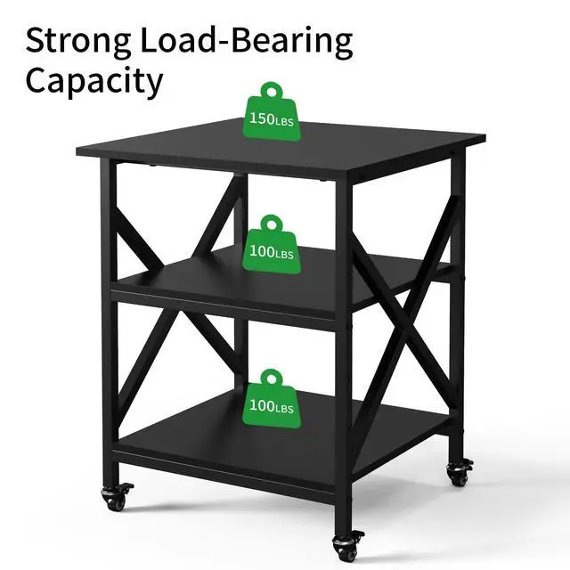 Alt view image 2 of 7 - 3 Tier Printer Stand, Large Table with Wheels, Rolling Cart with Height Adjustable Middle Storage Shelf, 23.6 x 23.6 x 30.3 Inches Shelf for Home Office, Black