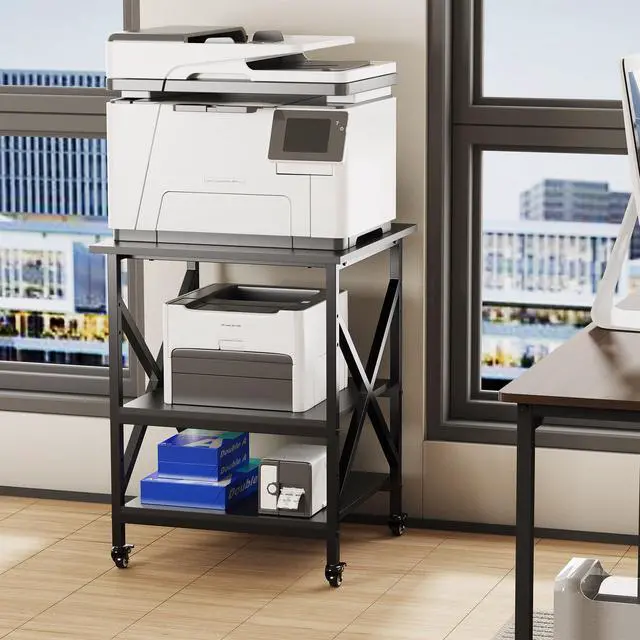 Alt view image 4 of 7 - 3 Tier Printer Stand, Large Table with Wheels, Rolling Cart with Height Adjustable Middle Storage Shelf, 23.6 x 23.6 x 30.3 Inches Shelf for Home Office, Black