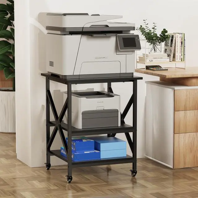 Alt view image 3 of 7 - 3 Tier Printer Stand, Large Table with Wheels, Rolling Cart with Height Adjustable Middle Storage Shelf, 23.6 x 23.6 x 30.3 Inches Shelf for Home Office, Black
