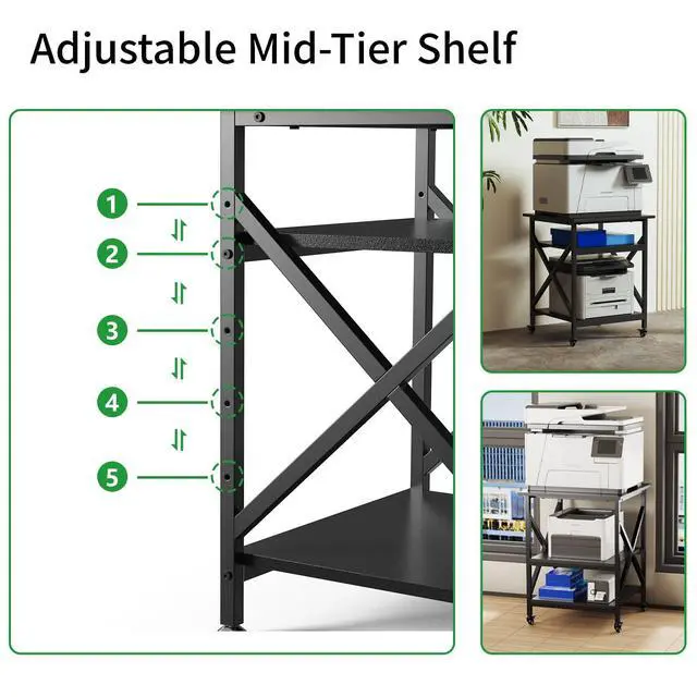 Alt view image 6 of 7 - 3 Tier Printer Stand, Large Table with Wheels, Rolling Cart with Height Adjustable Middle Storage Shelf, 23.6 x 23.6 x 30.3 Inches Shelf for Home Office, Black