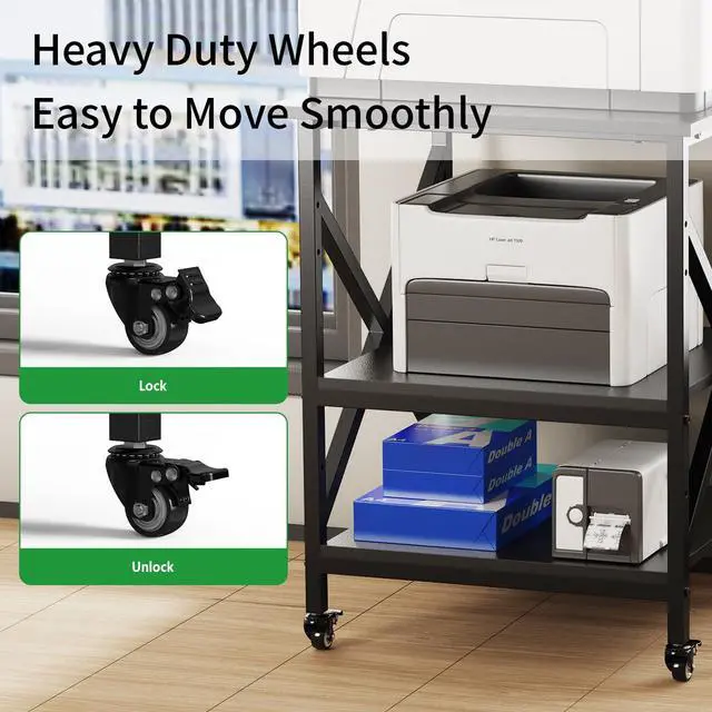 Alt view image 5 of 7 - 3 Tier Printer Stand, Large Table with Wheels, Rolling Cart with Height Adjustable Middle Storage Shelf, 23.6 x 23.6 x 30.3 Inches Shelf for Home Office, Black