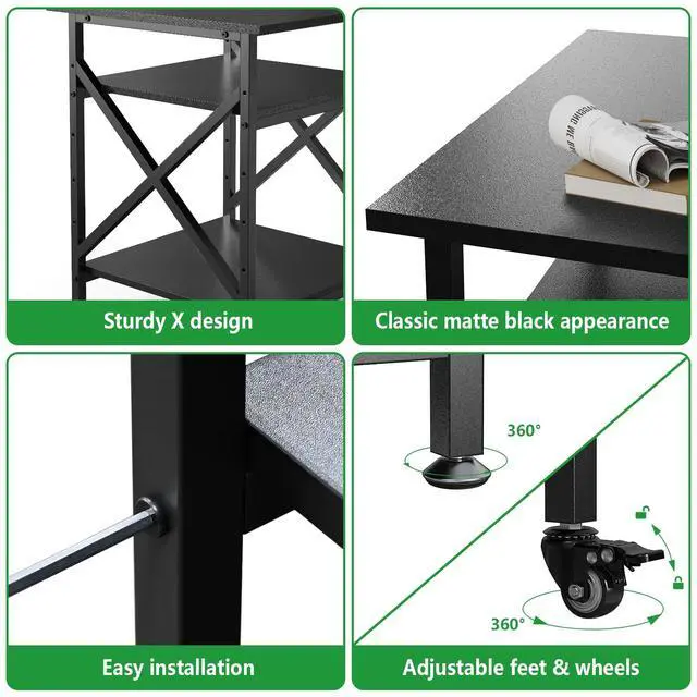 Alt view image 7 of 7 - 3 Tier Printer Stand, Large Table with Wheels, Rolling Cart with Height Adjustable Middle Storage Shelf, 23.6 x 23.6 x 30.3 Inches Shelf for Home Office, Black