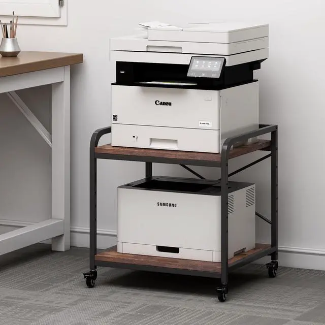 Main image of Under Desk Printer Stand, 20 Inches Deep Large Printer Table with Height Adjustable Storage Shelf, 2 Tier Rolling Printer Cart with Wheels for Home Office - Rustic Brown