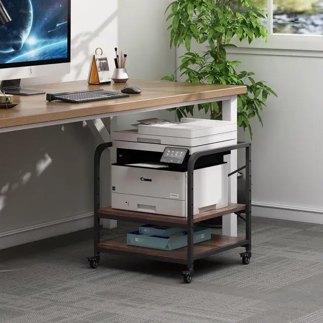 Alt view image 2 of 7 - Under Desk Printer Stand, 20 Inches Deep Large Printer Table with Height Adjustable Storage Shelf, 2 Tier Rolling Printer Cart with Wheels for Home Office - Rustic Brown