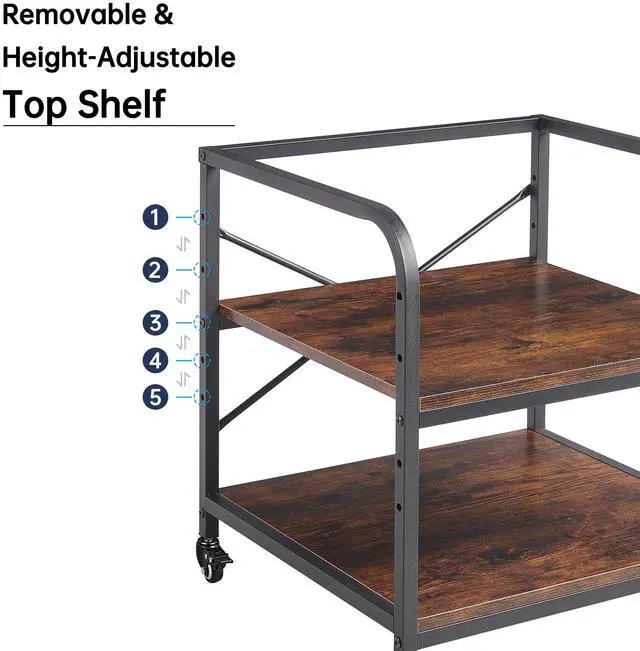 Alt view image 3 of 7 - Under Desk Printer Stand, 20 Inches Deep Large Printer Table with Height Adjustable Storage Shelf, 2 Tier Rolling Printer Cart with Wheels for Home Office - Rustic Brown