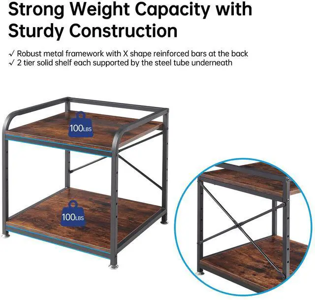 Alt view image 5 of 7 - Under Desk Printer Stand, 20 Inches Deep Large Printer Table with Height Adjustable Storage Shelf, 2 Tier Rolling Printer Cart with Wheels for Home Office - Rustic Brown