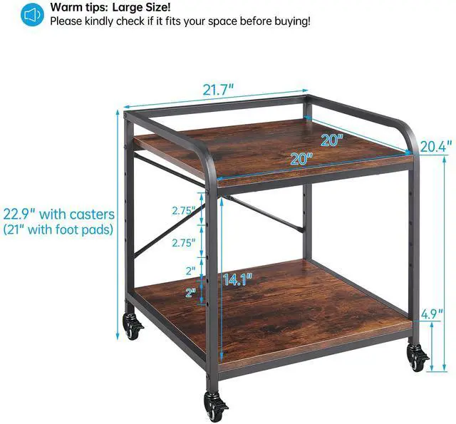 Alt view image 4 of 7 - Under Desk Printer Stand, 20 Inches Deep Large Printer Table with Height Adjustable Storage Shelf, 2 Tier Rolling Printer Cart with Wheels for Home Office - Rustic Brown