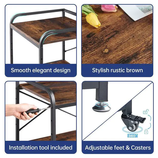 Alt view image 7 of 7 - Under Desk Printer Stand, 20 Inches Deep Large Printer Table with Height Adjustable Storage Shelf, 2 Tier Rolling Printer Cart with Wheels for Home Office - Rustic Brown