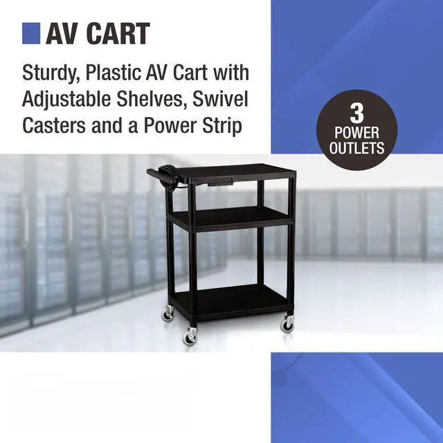 Alt view image 2 of 6 - Commercial Furniture Mobile Utility AV Cart with Power Strip and Casters, Rolling Presentation and Media Cart on Wheels, Black