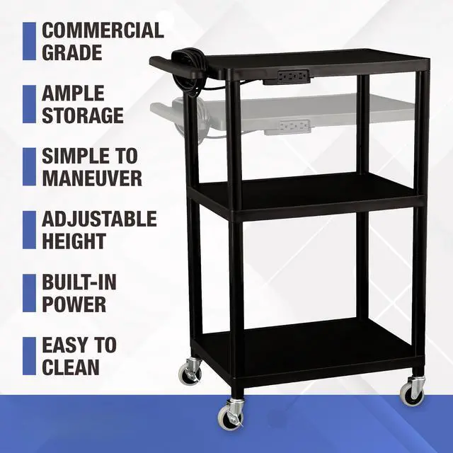 Alt view image 3 of 6 - Commercial Furniture Mobile Utility AV Cart with Power Strip and Casters, Rolling Presentation and Media Cart on Wheels, Black