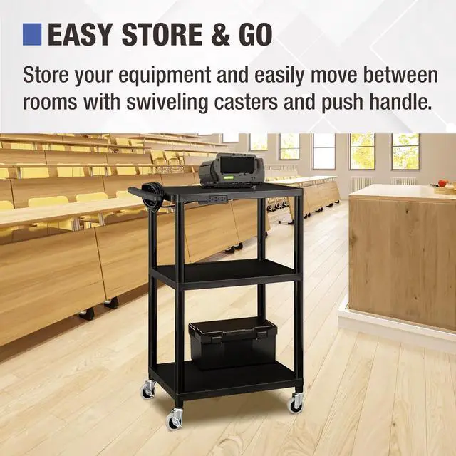 Alt view image 4 of 6 - Commercial Furniture Mobile Utility AV Cart with Power Strip and Casters, Rolling Presentation and Media Cart on Wheels, Black