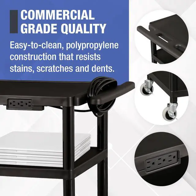 Alt view image 5 of 6 - Commercial Furniture Mobile Utility AV Cart with Power Strip and Casters, Rolling Presentation and Media Cart on Wheels, Black