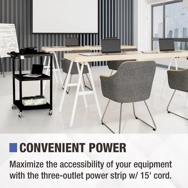 Alt view image 6 of 6 - Commercial Furniture Mobile Utility AV Cart with Power Strip and Casters, Rolling Presentation and Media Cart on Wheels, Black
