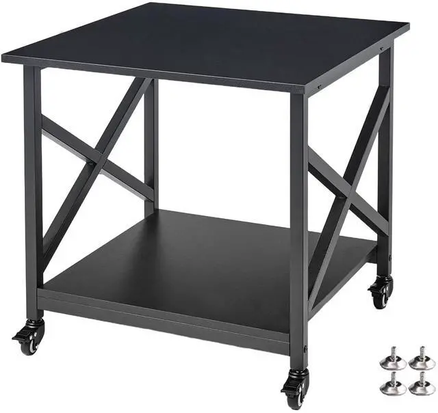 Main image of 2 Tier Large Printer Stand, 23.6 x 23.6 x 22.6 Inches Square Printer Table with Storage Shelf, Rolling Printer Cart with Industrial Wheels for Home Office, Mini Fridge Stand Table - Black