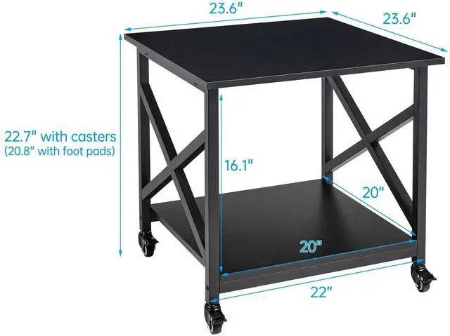 Alt view image 3 of 7 - 2 Tier Large Printer Stand, 23.6 x 23.6 x 22.6 Inches Square Printer Table with Storage Shelf, Rolling Printer Cart with Industrial Wheels for Home Office, Mini Fridge Stand Table - Black