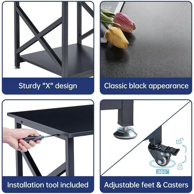 Alt view image 6 of 7 - 2 Tier Large Printer Stand, 23.6 x 23.6 x 22.6 Inches Square Printer Table with Storage Shelf, Rolling Printer Cart with Industrial Wheels for Home Office, Mini Fridge Stand Table - Black