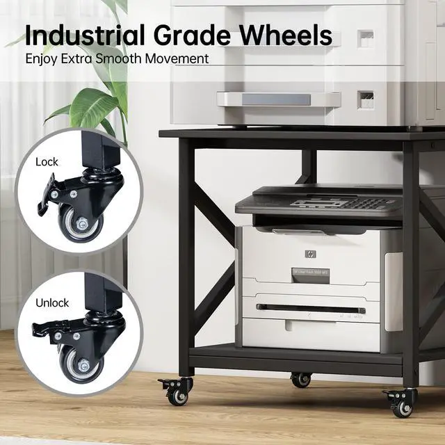 Alt view image 5 of 7 - 2 Tier Large Printer Stand, 23.6 x 23.6 x 22.6 Inches Square Printer Table with Storage Shelf, Rolling Printer Cart with Industrial Wheels for Home Office, Mini Fridge Stand Table - Black