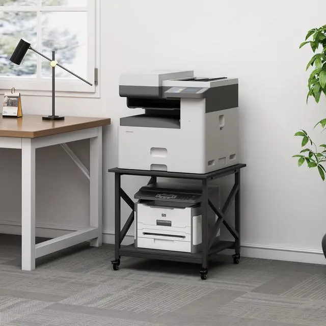 Alt view image 7 of 7 - 2 Tier Large Printer Stand, 23.6 x 23.6 x 22.6 Inches Square Printer Table with Storage Shelf, Rolling Printer Cart with Industrial Wheels for Home Office, Mini Fridge Stand Table - Black