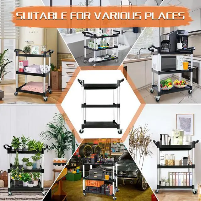 Alt view image 2 of 7 - Utility Carts with Wheels,3-Tier Rolling Cart with Wheels, Heavy Duty 510 LBS Food Service Cart with Rubber Pad and Hammer for Kitchen/Office/Warehouse, 31.5" X 16.9" X 38.9"(Black)