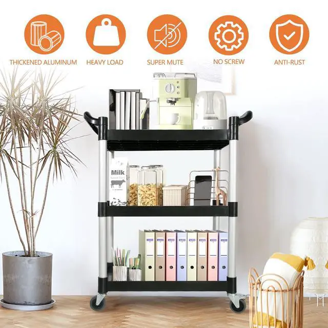 Alt view image 5 of 7 - Utility Carts with Wheels,3-Tier Rolling Cart with Wheels, Heavy Duty 510 LBS Food Service Cart with Rubber Pad and Hammer for Kitchen/Office/Warehouse, 31.5" X 16.9" X 38.9"(Black)