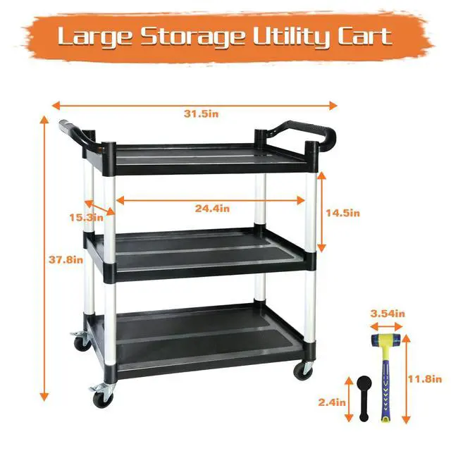 Alt view image 6 of 7 - Utility Carts with Wheels,3-Tier Rolling Cart with Wheels, Heavy Duty 510 LBS Food Service Cart with Rubber Pad and Hammer for Kitchen/Office/Warehouse, 31.5" X 16.9" X 38.9"(Black)