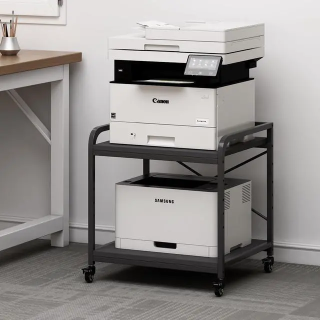 Main image of 2 Tier Under Desk Printer Stand with Storage, 20 Inches Deep Large Printer Table with Height Adjustable Shelf, Rolling Printer Cart with Wheels for Home Office - Black