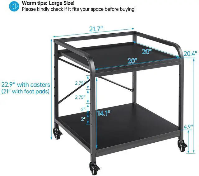 Alt view image 4 of 7 - 2 Tier Under Desk Printer Stand with Storage, 20 Inches Deep Large Printer Table with Height Adjustable Shelf, Rolling Printer Cart with Wheels for Home Office - Black