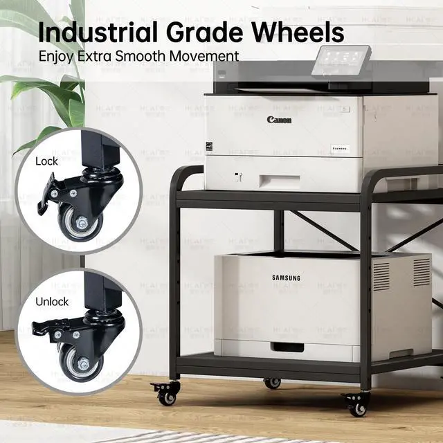 Alt view image 6 of 7 - 2 Tier Under Desk Printer Stand with Storage, 20 Inches Deep Large Printer Table with Height Adjustable Shelf, Rolling Printer Cart with Wheels for Home Office - Black