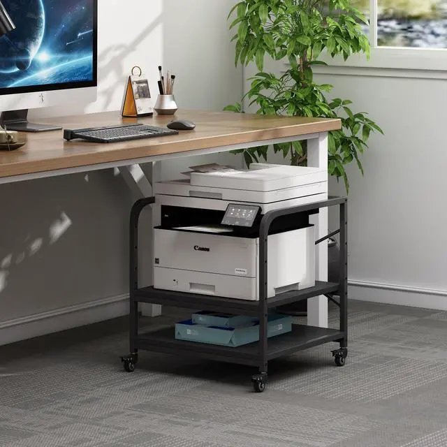 Alt view image 2 of 7 - 2 Tier Under Desk Printer Stand with Storage, 20 Inches Deep Large Printer Table with Height Adjustable Shelf, Rolling Printer Cart with Wheels for Home Office - Black