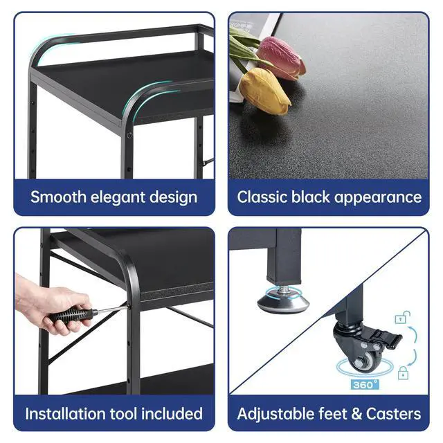 Alt view image 7 of 7 - 2 Tier Under Desk Printer Stand with Storage, 20 Inches Deep Large Printer Table with Height Adjustable Shelf, Rolling Printer Cart with Wheels for Home Office - Black
