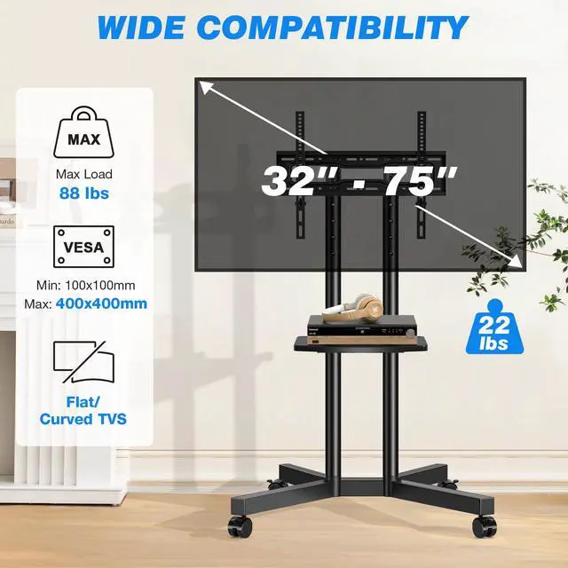 Alt view image 2 of 7 - Mobile TV Cart Rolling TV Stand with Power Outlet for 32-75 Inch Screens, Portable TV Stand on Wheels with Height Adjustment, Outdoor TV Mount Stand with Shelf Holds up to 88lbs for Home Office