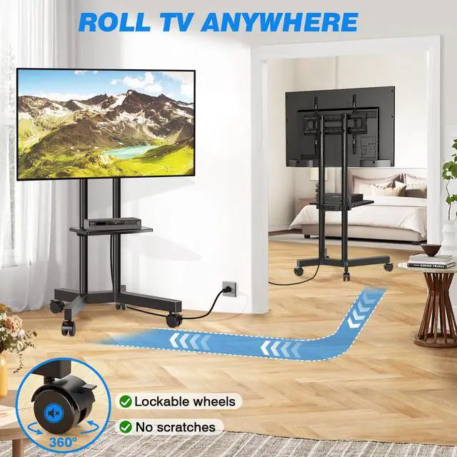 Alt view image 5 of 7 - Mobile TV Cart Rolling TV Stand with Power Outlet for 32-75 Inch Screens, Portable TV Stand on Wheels with Height Adjustment, Outdoor TV Mount Stand with Shelf Holds up to 88lbs for Home Office