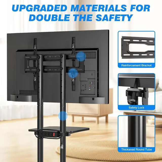 Alt view image 7 of 7 - Mobile TV Cart Rolling TV Stand with Power Outlet for 32-75 Inch Screens, Portable TV Stand on Wheels with Height Adjustment, Outdoor TV Mount Stand with Shelf Holds up to 88lbs for Home Office