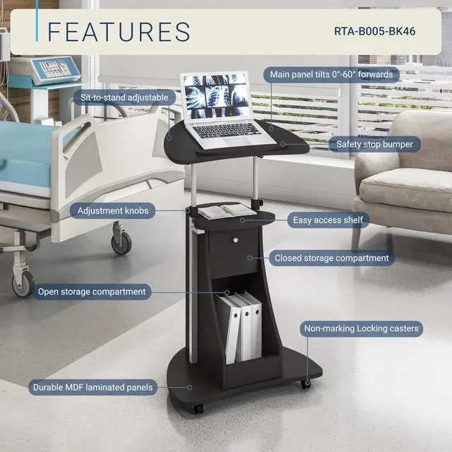 Alt view image 3 of 7 - Sit-to-Stand Mobile Medical Laptop Computer Cart, Black, Adjustable Height, B005