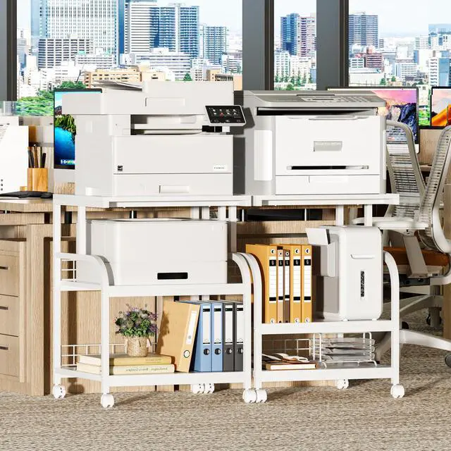 Alt view image 3 of 7 - Large Printer Stand with Storage, 23.6"W x 18.9"D x 30.2"H, 5-Adjustable Shelf Heights Mobile 3 Tier Table with Lockable Wheels, Industrial Rolling Printer Cart, White Stands for Home Office