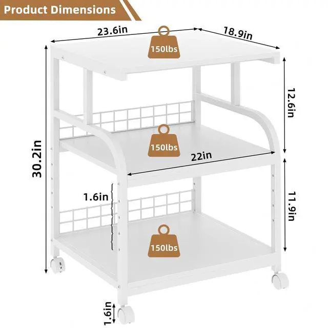 Alt view image 2 of 7 - Large Printer Stand with Storage, 23.6"W x 18.9"D x 30.2"H, 5-Adjustable Shelf Heights Mobile 3 Tier Table with Lockable Wheels, Industrial Rolling Printer Cart, White Stands for Home Office