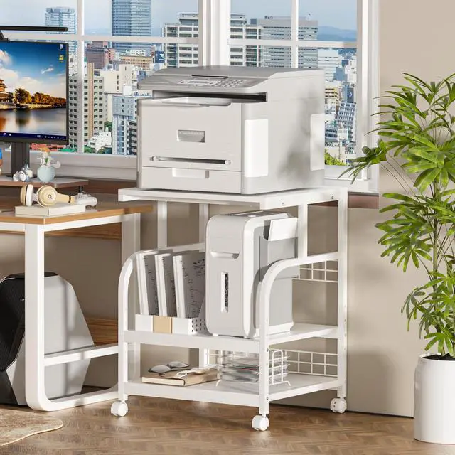 Alt view image 4 of 7 - Large Printer Stand with Storage, 23.6"W x 18.9"D x 30.2"H, 5-Adjustable Shelf Heights Mobile 3 Tier Table with Lockable Wheels, Industrial Rolling Printer Cart, White Stands for Home Office