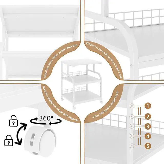 Alt view image 6 of 7 - Large Printer Stand with Storage, 23.6"W x 18.9"D x 30.2"H, 5-Adjustable Shelf Heights Mobile 3 Tier Table with Lockable Wheels, Industrial Rolling Printer Cart, White Stands for Home Office