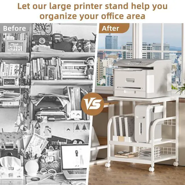Alt view image 7 of 7 - Large Printer Stand with Storage, 23.6"W x 18.9"D x 30.2"H, 5-Adjustable Shelf Heights Mobile 3 Tier Table with Lockable Wheels, Industrial Rolling Printer Cart, White Stands for Home Office