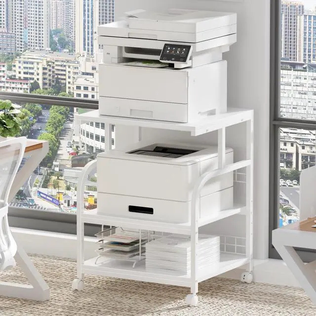 Main image of Large Printer Stand with Storage, 23.6"W x 18.9"D x 30.2"H, 5-Adjustable Shelf Heights Mobile 3 Tier Table with Lockable Wheels, Industrial Rolling Printer Cart, White Stands for Home Office