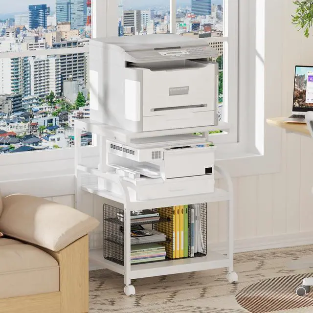 Alt view image 5 of 7 - Large Printer Stand with Storage, 23.6"W x 18.9"D x 30.2"H, 5-Adjustable Shelf Heights Mobile 3 Tier Table with Lockable Wheels, Industrial Rolling Printer Cart, White Stands for Home Office
