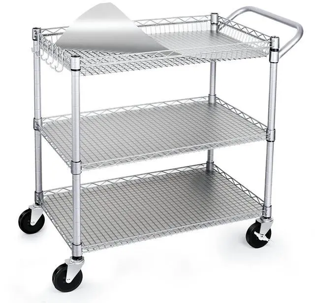 Main image of 990Lbs Capacity Heavy Duty Rolling Utility Cart, NSF Rolling Carts with Wheels,Commercial Grade Metal Cart with Handle Bar & Shelf Liner,Trolley Serving Cart for Restaurant,Kitchen,Gray