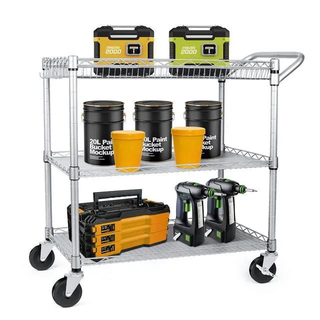 Alt view image 2 of 6 - 990Lbs Capacity Heavy Duty Rolling Utility Cart, NSF Rolling Carts with Wheels,Commercial Grade Metal Cart with Handle Bar & Shelf Liner,Trolley Serving Cart for Restaurant,Kitchen,Gray