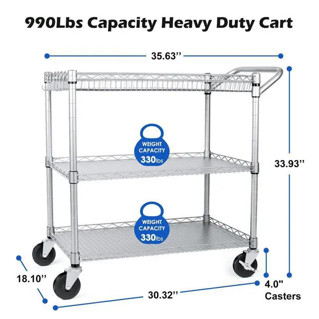 Alt view image 3 of 6 - 990Lbs Capacity Heavy Duty Rolling Utility Cart, NSF Rolling Carts with Wheels,Commercial Grade Metal Cart with Handle Bar & Shelf Liner,Trolley Serving Cart for Restaurant,Kitchen,Gray
